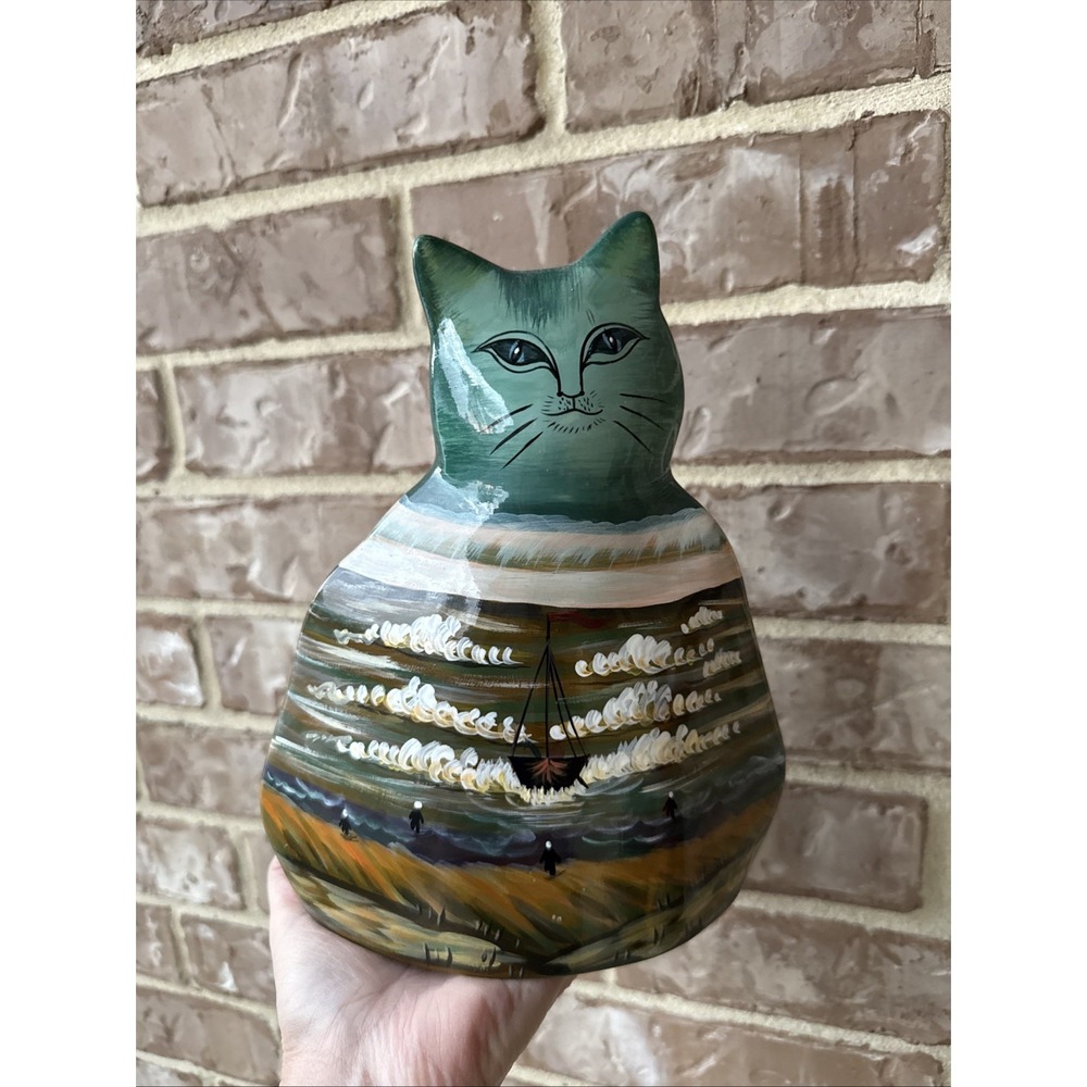 Ceramic Gantz Hand Painted Cat with Beach Scene Boat Sea Vase Planter